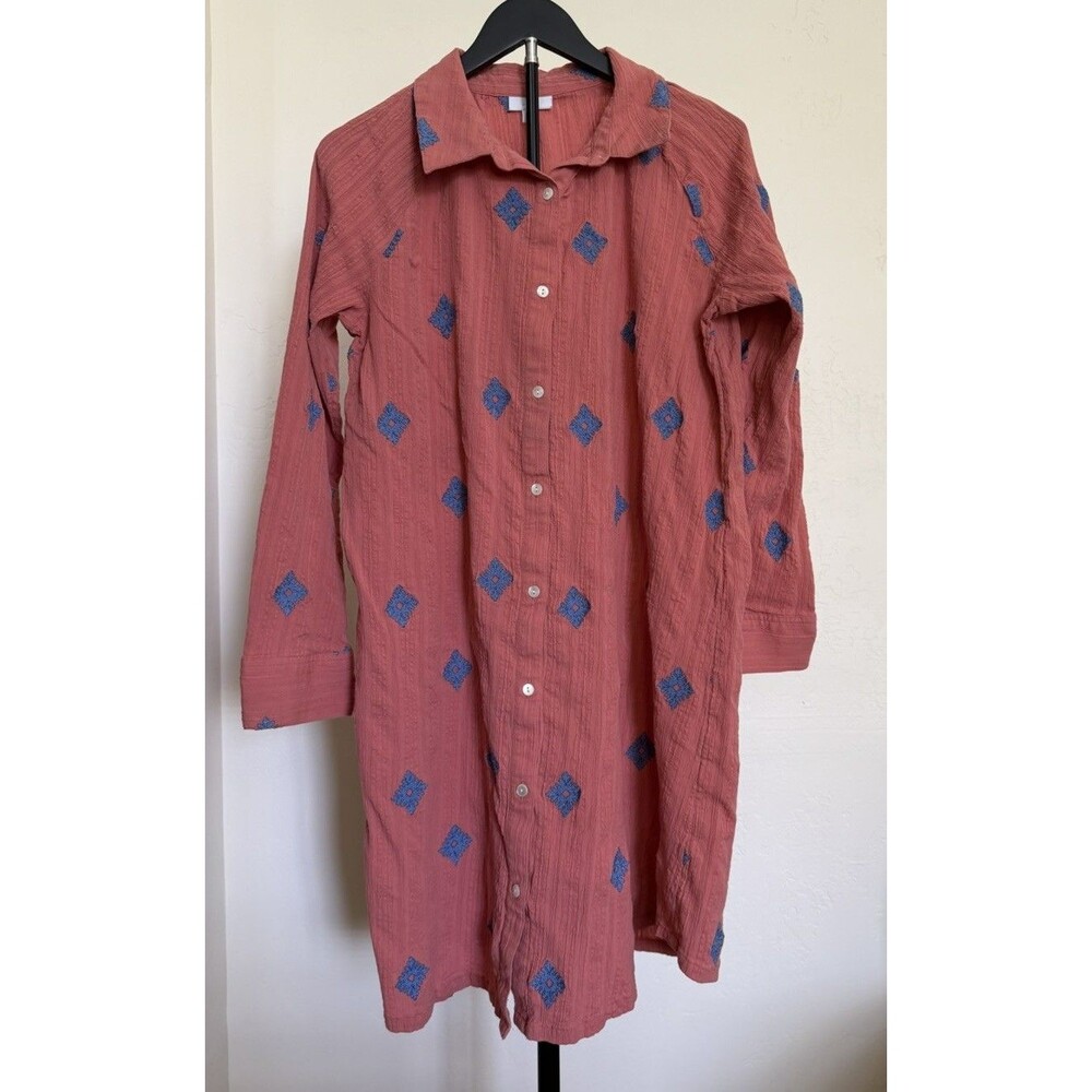 Pure Jill Women J Jill M Southwestern Coral Shirt Dress Button Front Crinkle